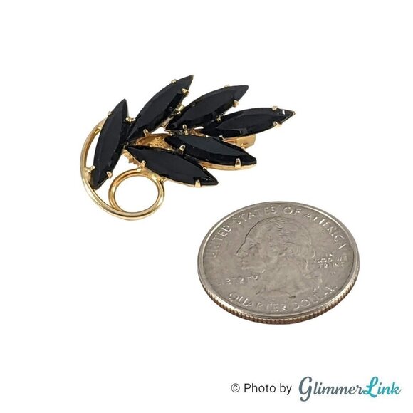 Vintage 1960s Dainty Navette Black Rhinestone Leaf Curl Stem Gold Tone Brooch - Picture 5 of 7
